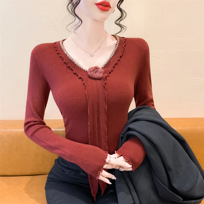 实拍 法式甜美木耳边重工订钻长袖针织衫2025秋冬修身显瘦上衣女