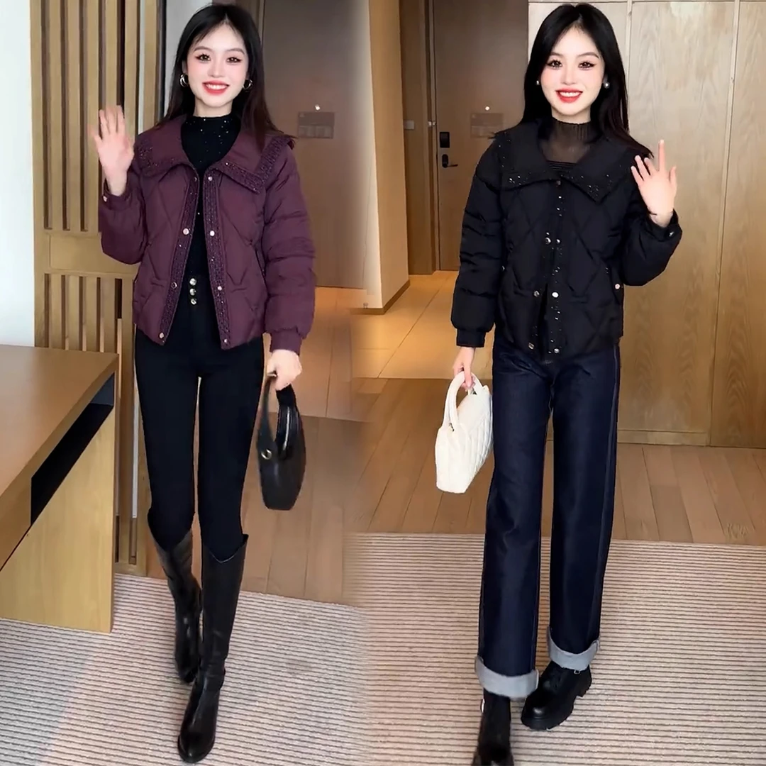 时尚洋气加厚保暖棉服女2025冬季新款翻领小个子显瘦百搭细闪棉衣