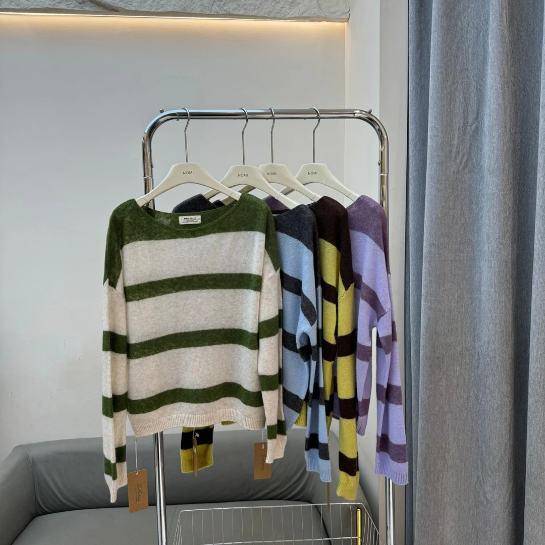 时髦girl~韩国彩色粗条纹软糯长袖针织衫女 2025早秋宽松上衣