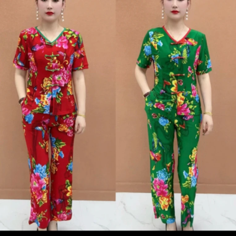 夏季妈妈大码东北大花短袖上衣裤子洋气两件套透气时尚宽松套装
