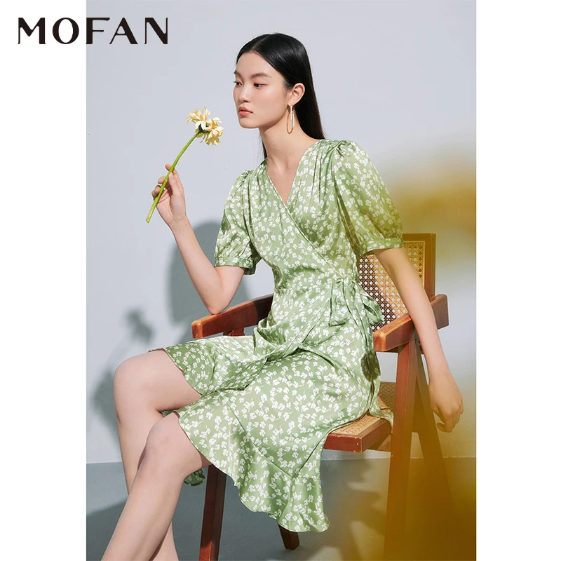【小余专属】MOFAN摩凡春新款绿色花纹连衣裙MKL379710