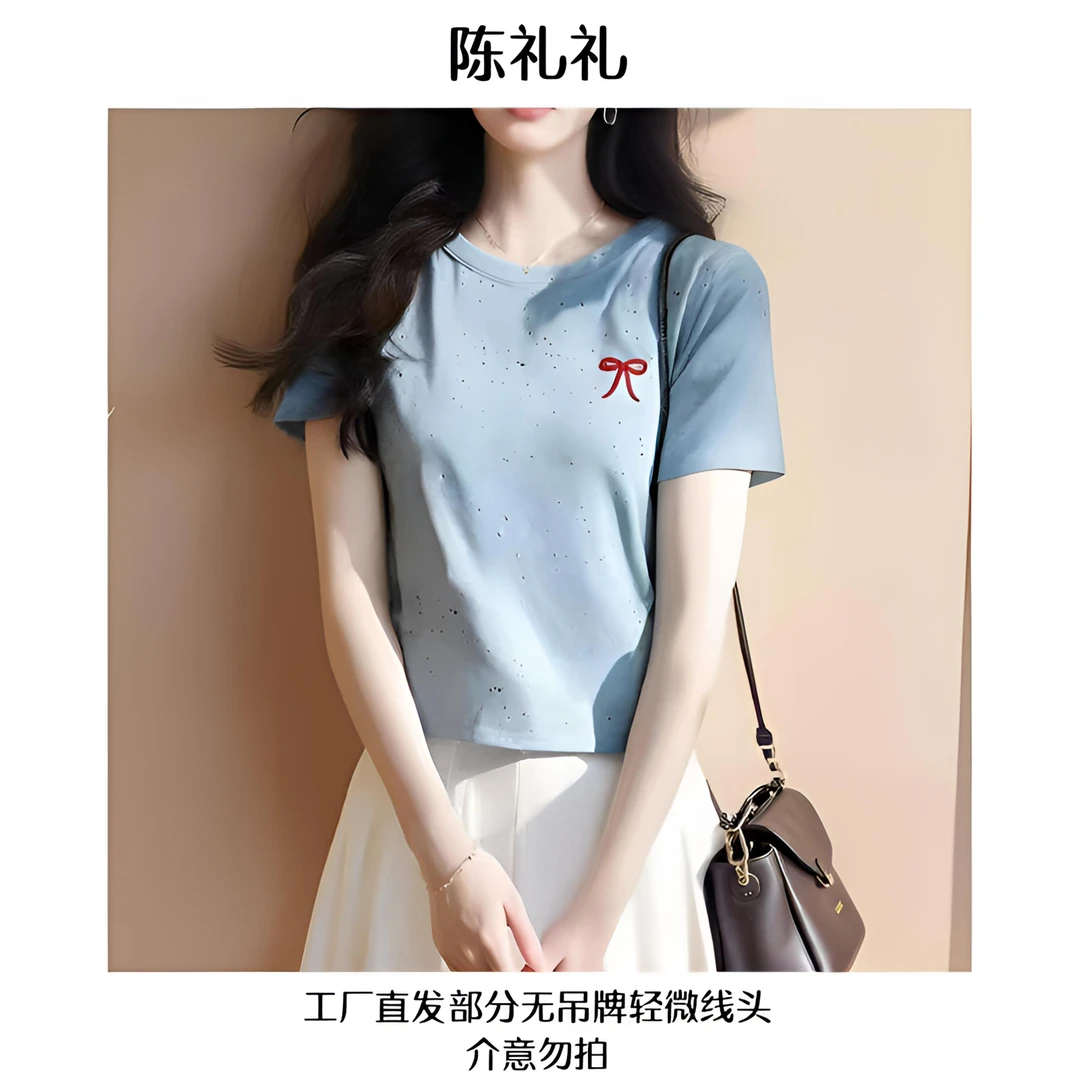 6684#彩棉蝴蝶结小刺绣短袖T恤