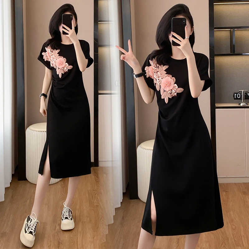 2025夏装新款洋气胖妹妹小黑裙气质修身显瘦大码时尚减龄休闲裙子