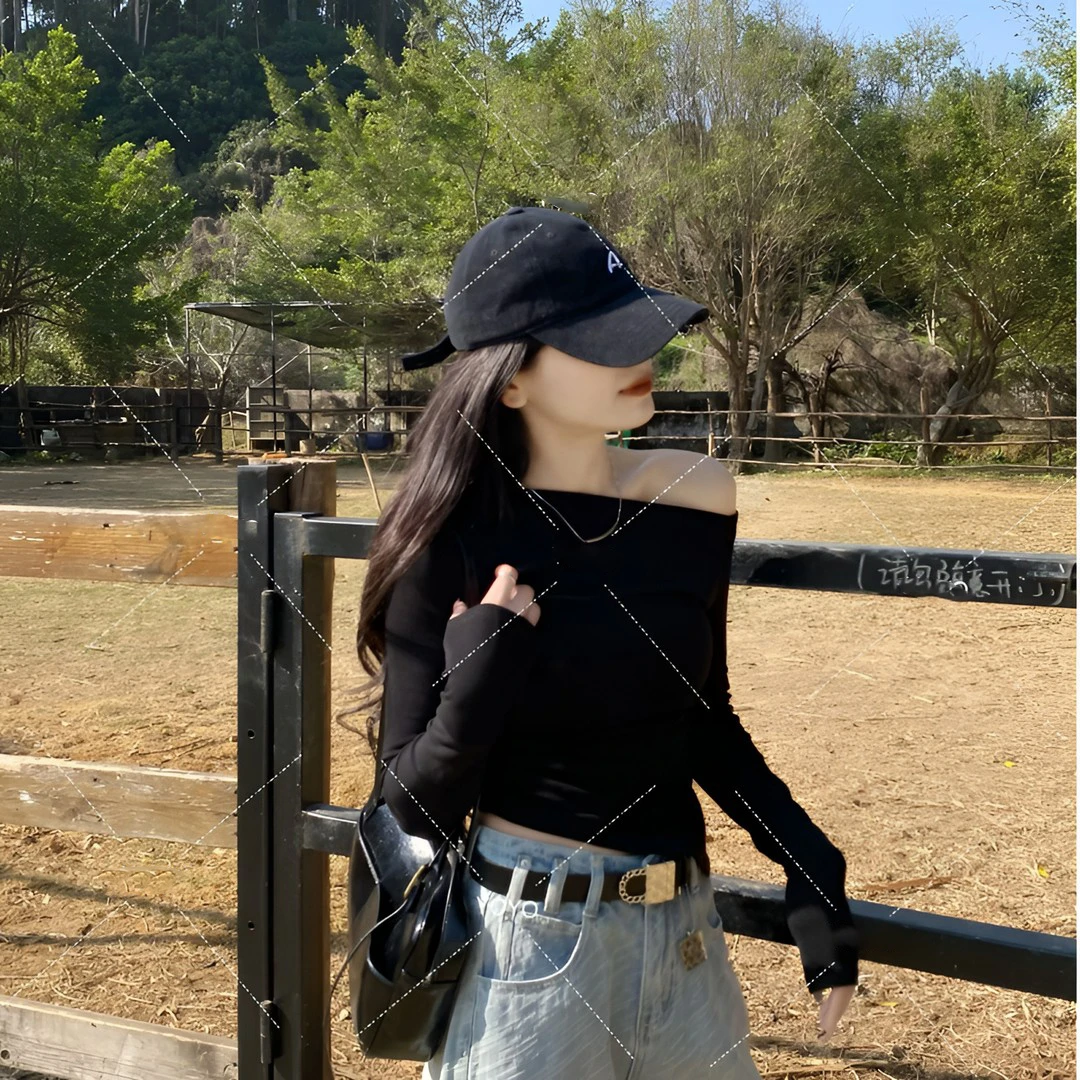 【净版斜肩】春款2025显瘦辣妹T恤修身纯欲长袖斜肩上衣