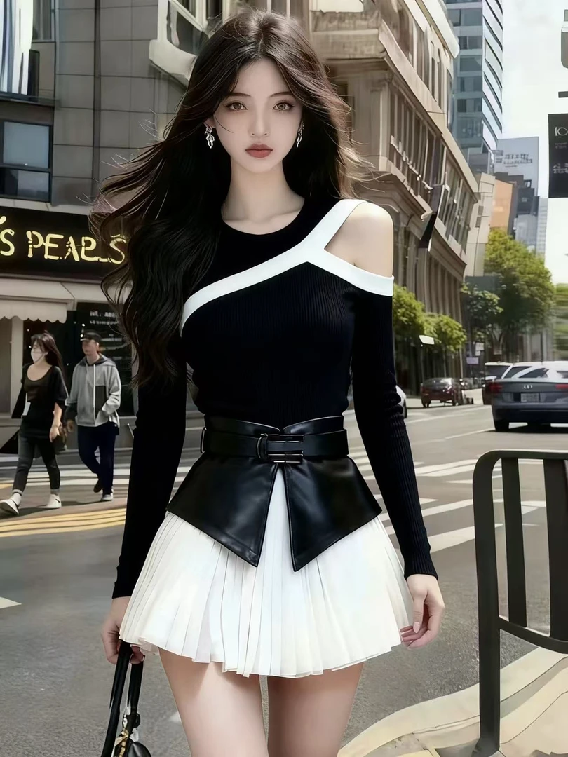 秋冬高级感御姐风撞色针织圆领露肩修身上衣+白色百褶半身裙套装