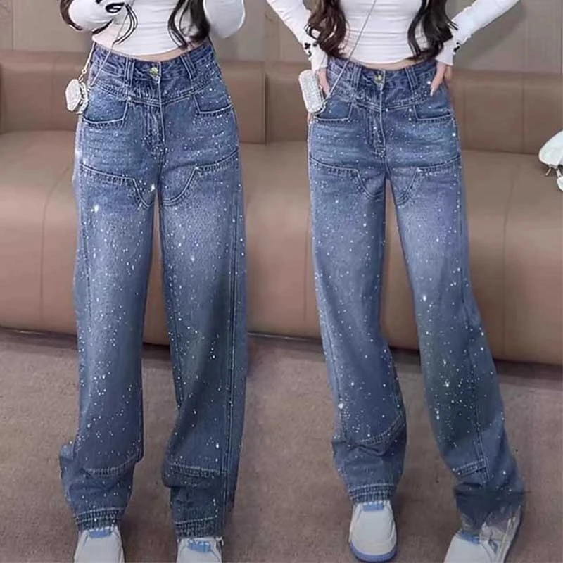 2025春季新款重工烫钻直筒牛仔裤大码小个子显高显瘦阔腿拖地裤女