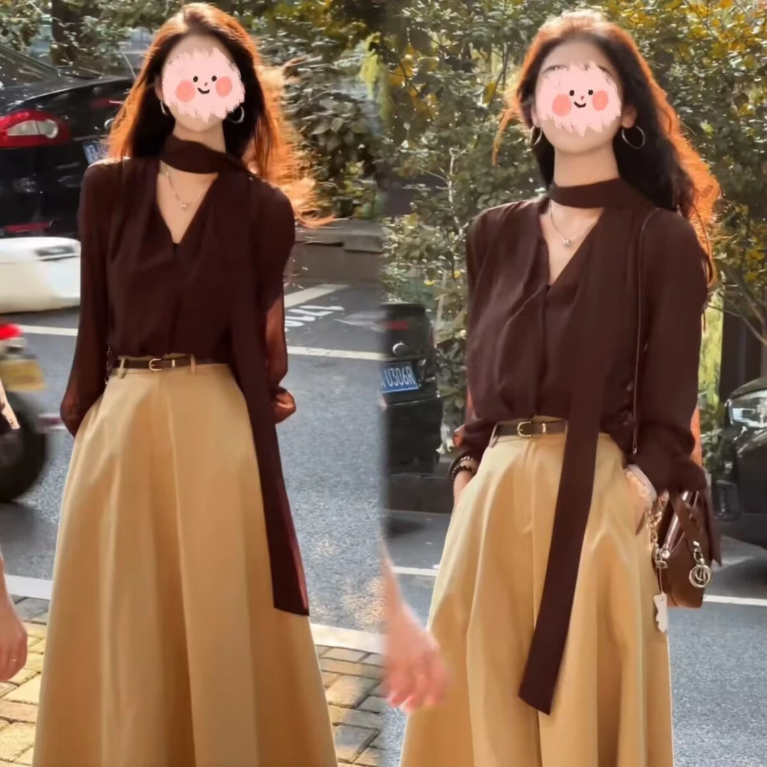 【套装】2025早秋女韩系穿搭修身V领飘带长袖上衣+气质显瘦半身裙