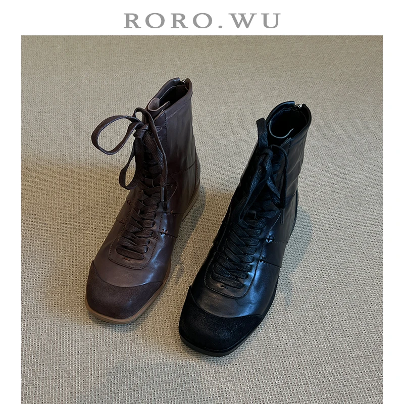 娆娆吴·头层牛皮复古短筒女靴交叉系带气质百搭日常时装靴X422