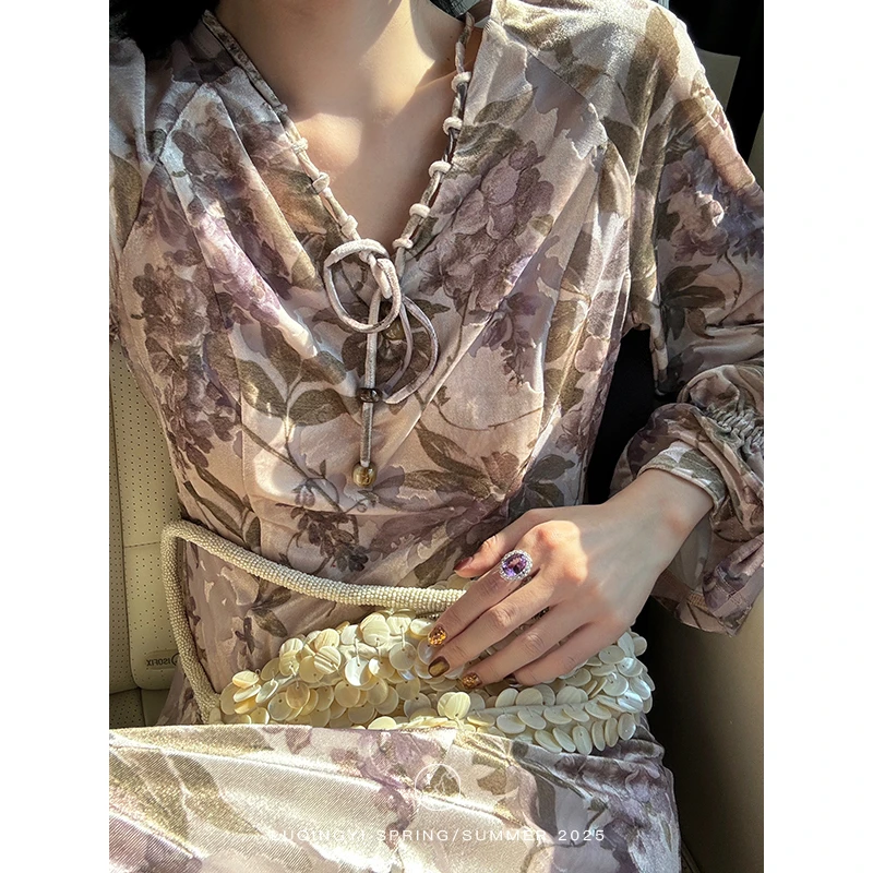 鹭青一原创【旧瓣】法式连衣裙女春季紫藤萝丝绒长裙L25L7389BA