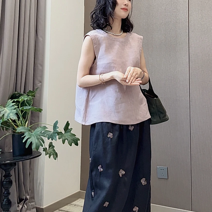 【没肚子】女士汉麻无袖背心罩衫简约宽松小圆领舒适百搭25197