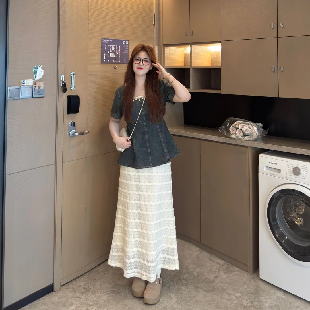 南岛风大码女装方领花边领牛仔上衣胖mm夏季宽松遮肉短袖ZYY1628