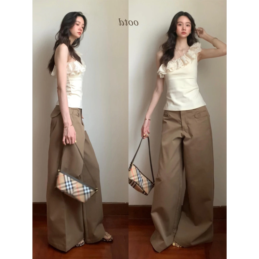 夏日超火美式辣妹蕾丝斜肩吊带背心女夏季新款卡其色阔腿裤两件套