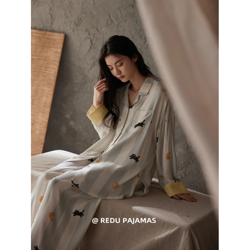 【巨柔软】热妒莫代尔棉睡衣女春秋长袖可爱猫咪带胸垫可外穿套装