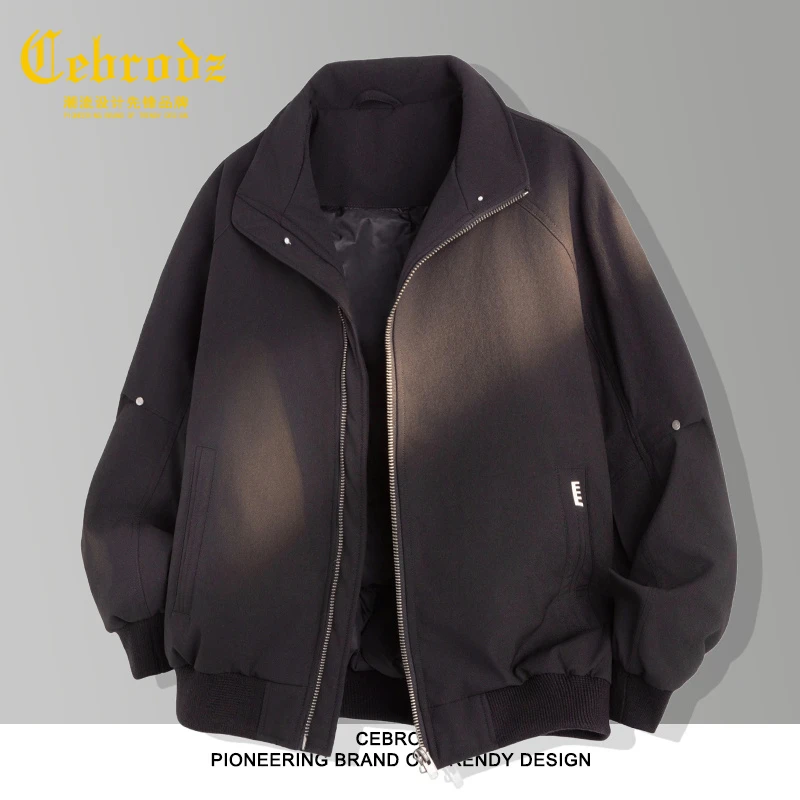 法国Cebrodz羽绒服男外套冬季宽松休闲百搭中年机车男士加厚夹克