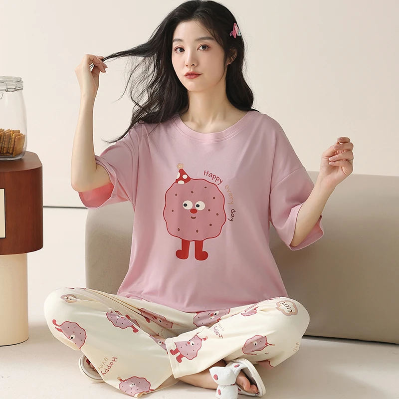 卡之恋睡衣女春夏季7A抗菌纯棉薄款甜美风减龄短袖长裤家居服套装