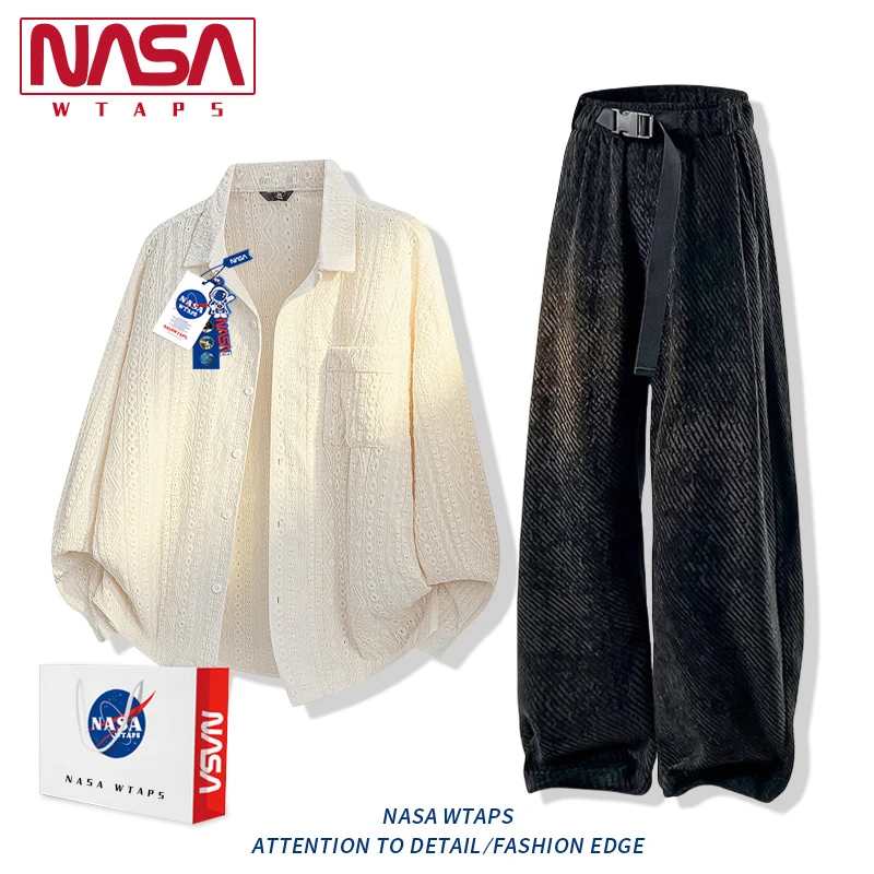 NASA WTAPS镂空提花衬衫套装男款夏秋季宽松衬衣休闲裤潮搭两件套