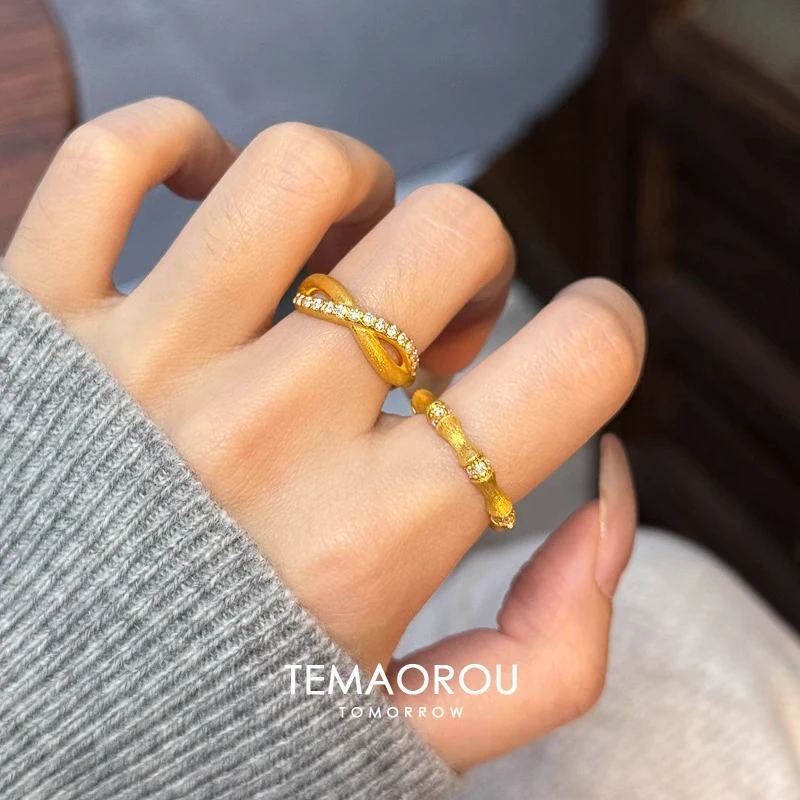 合金戒指 法式金色拉丝交叉闪钻戒指女款竹节食指戒指中古风指环