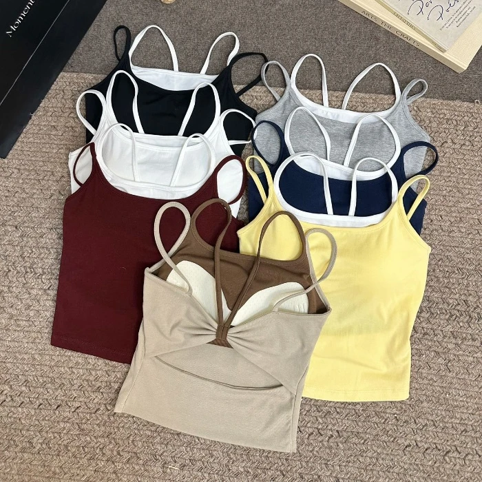 纯欲风假两件吊带背心女带胸垫外穿内搭修身显瘦辣妹美背打底上衣