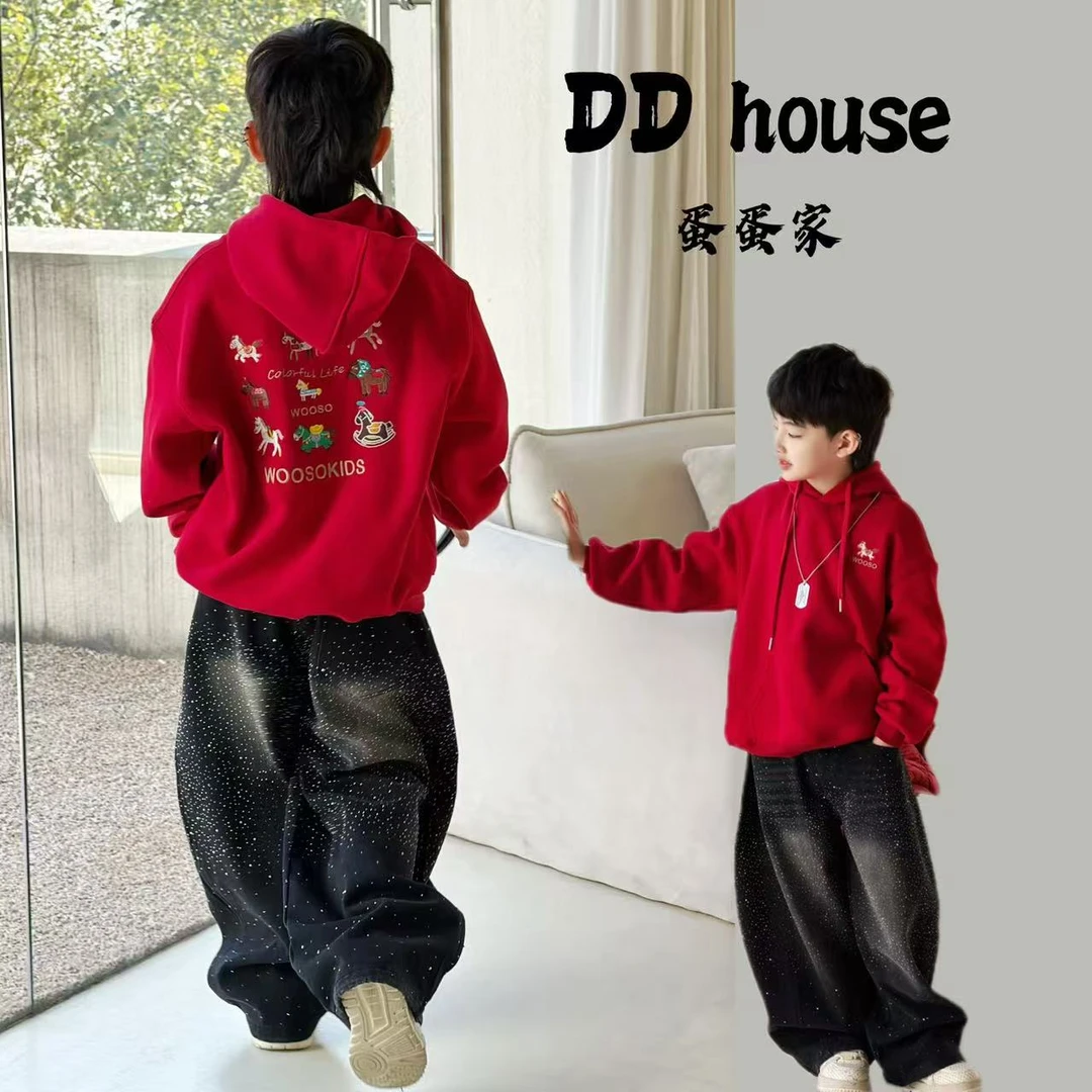 蛋蛋家【小马九宫格】121402冬季新款红色背面小马九宫格连帽卫衣