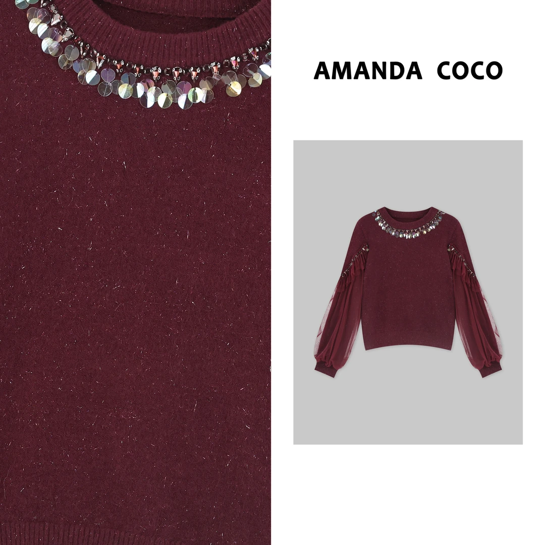 诗诗# 设计师款~高定人鱼姬亮片袖子拼接蕾丝毛衣