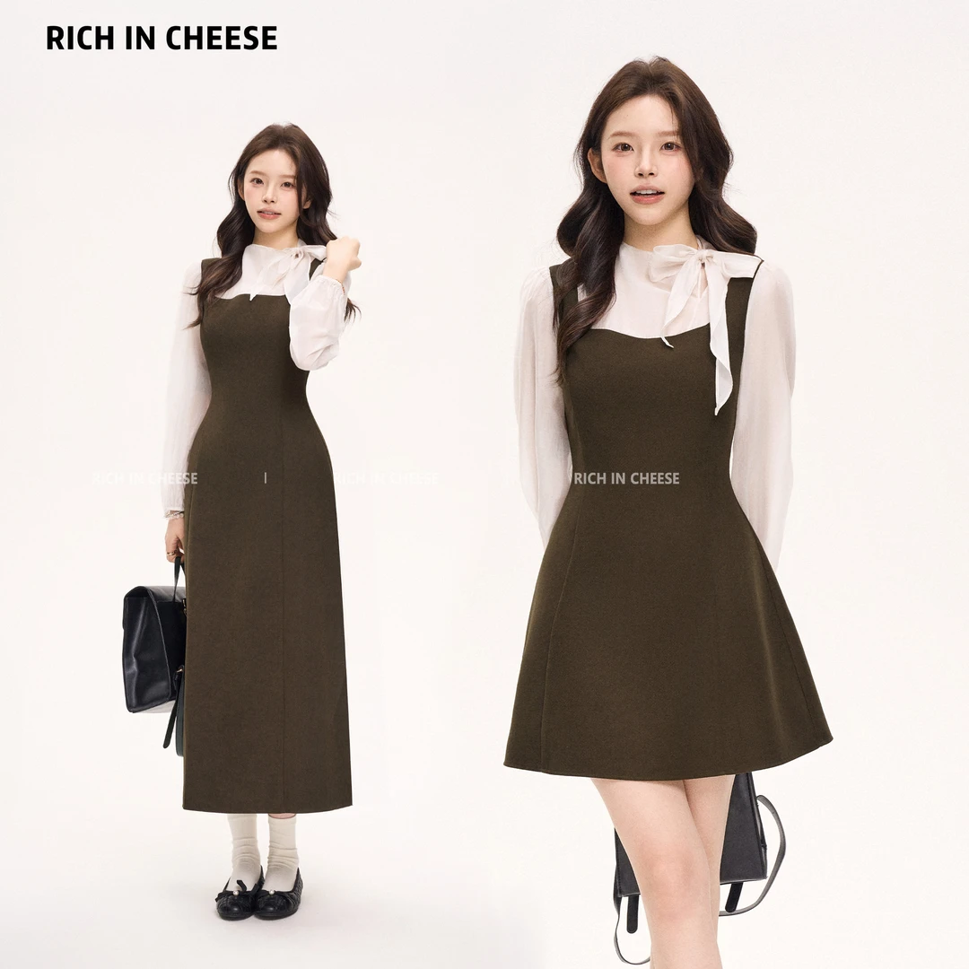 金川川 榛果摩卡 【系列合集部分现货】 韩系复古假两件收腰连衣裙