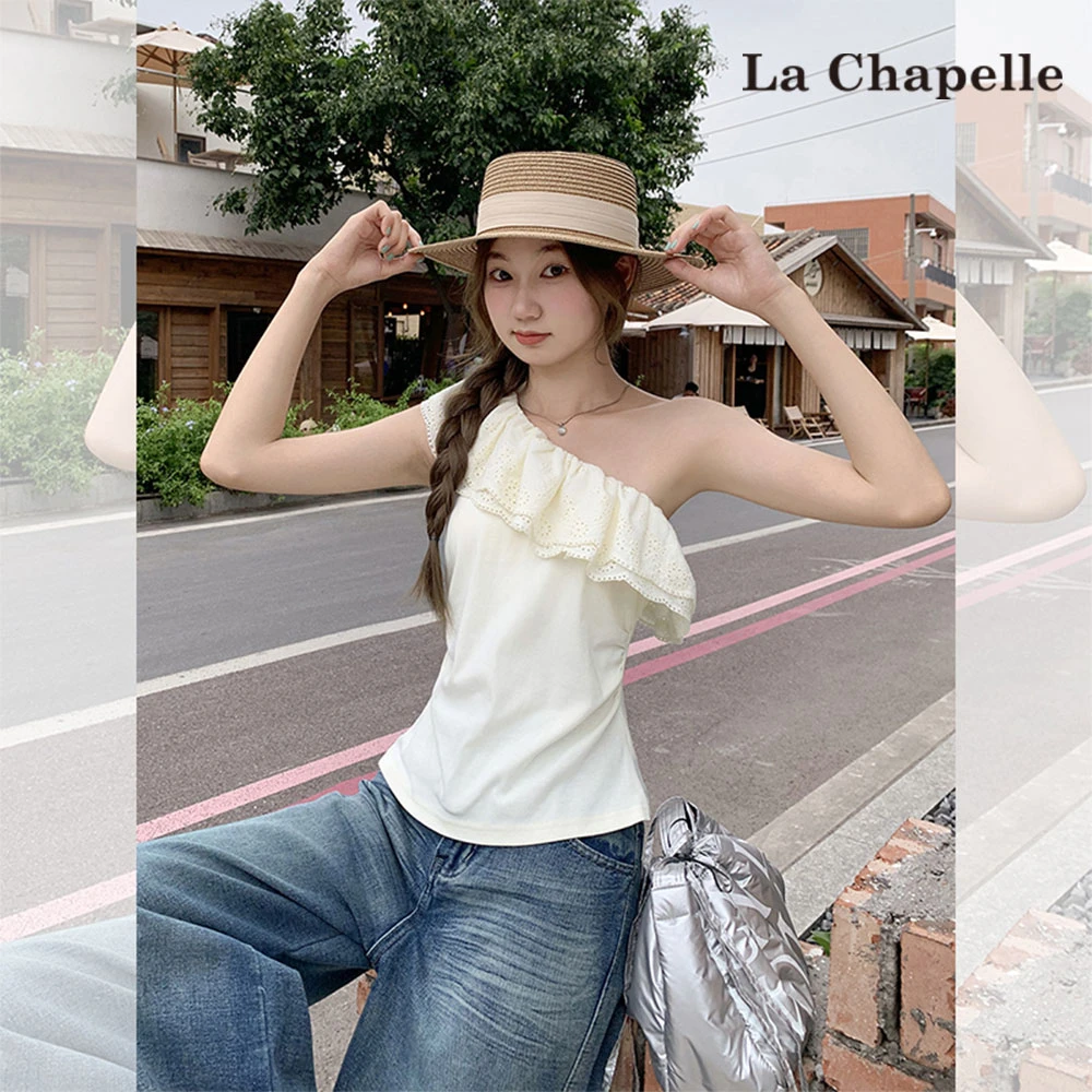 拉夏贝尔法式复古蕾丝荷叶边斜肩短袖t恤女夏季修身显瘦百搭上衣