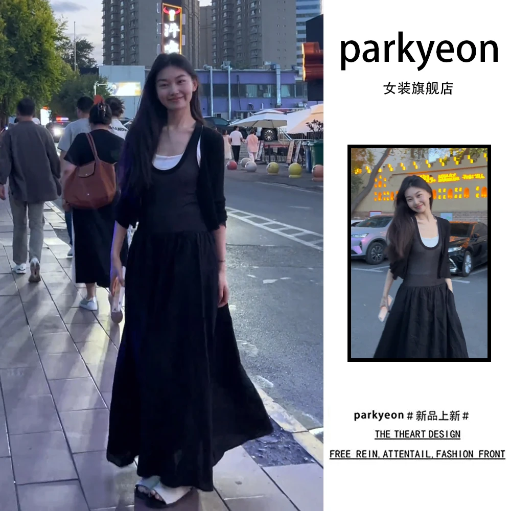 夏季新款休闲通勤风一整套百搭黑色开衫女设计感绝美连衣裙子ins