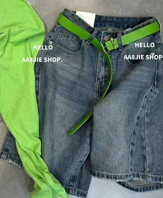 （森系拽姐牛）东大门 高腰牛仔裤阔腿短裤2025夏款设计感半裤8005