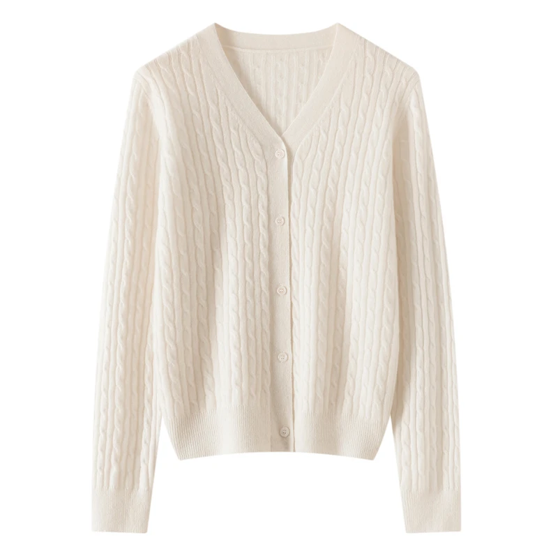 秋冬季羊绒复古休闲长袖V领麻花开衫百搭短款纯色针织上衣白色