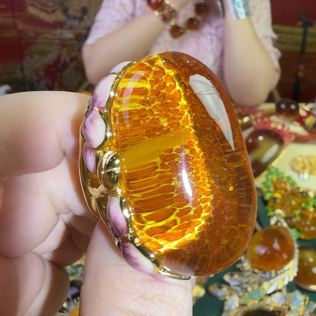 琥珀银S925镀金镶嵌戒指