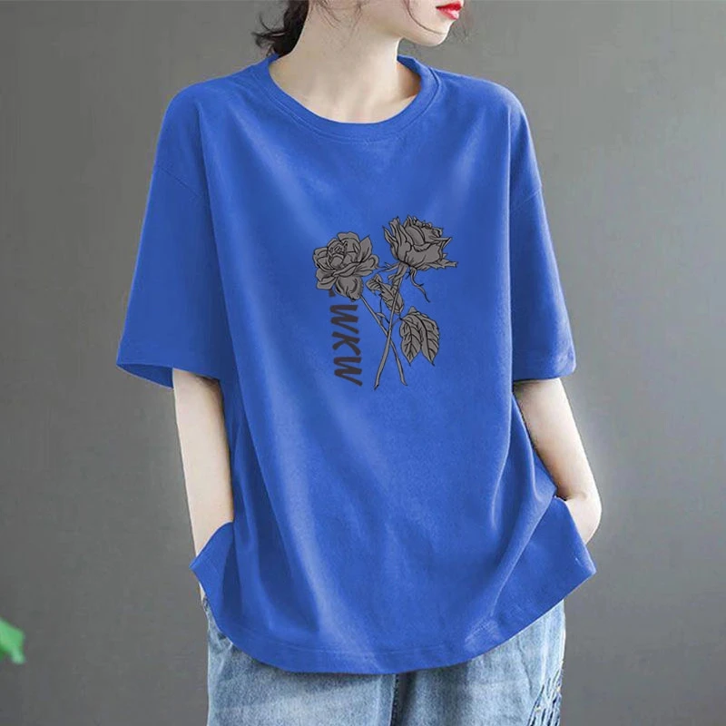 【专柜正品】韩版休闲百搭纯棉大码宽松显瘦圆领印花短袖打底衫女