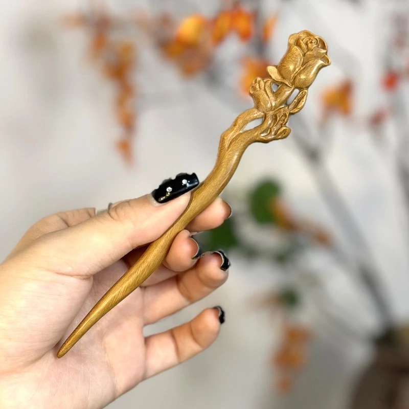 【小玫瑰】小簪子绿檀木玫瑰簪子中式清冷感发簪女挽发头饰短簪子