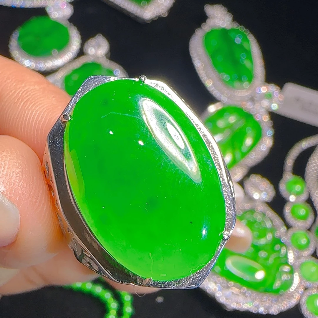 翡翠戒指银S925镶嵌天然