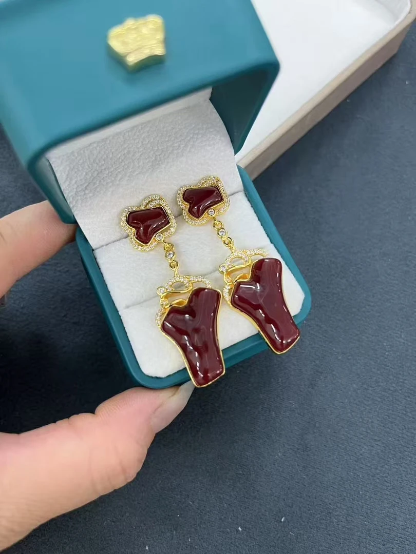 铜合金石英石耳饰  新款耳钉红色时尚经典
