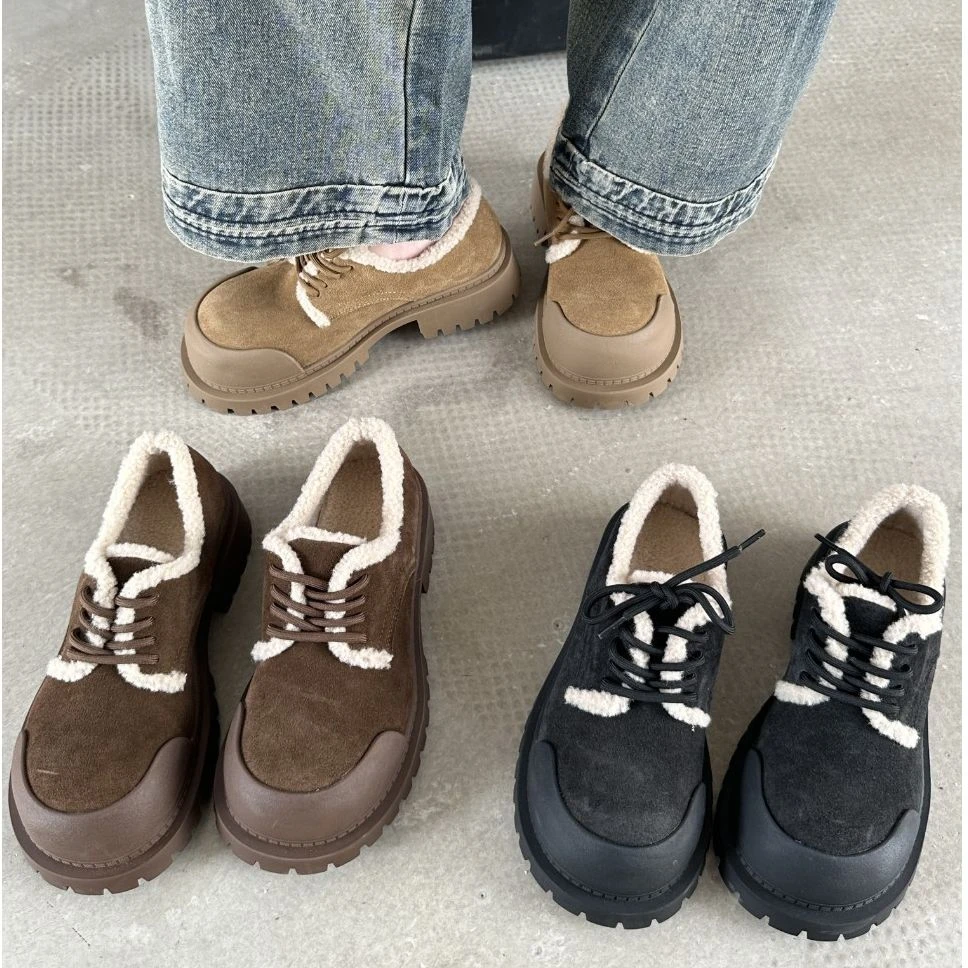 【喜喜专属】3283-43冬季新款厚底乐福鞋百搭保暖系带深口鞋