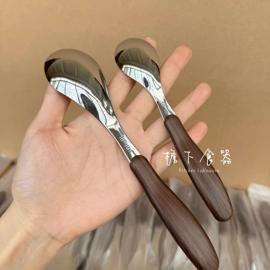 18-10不锈钢仿木纹勺子创意复古吃饭勺高颜值家用汤匙甜品蛋糕勺