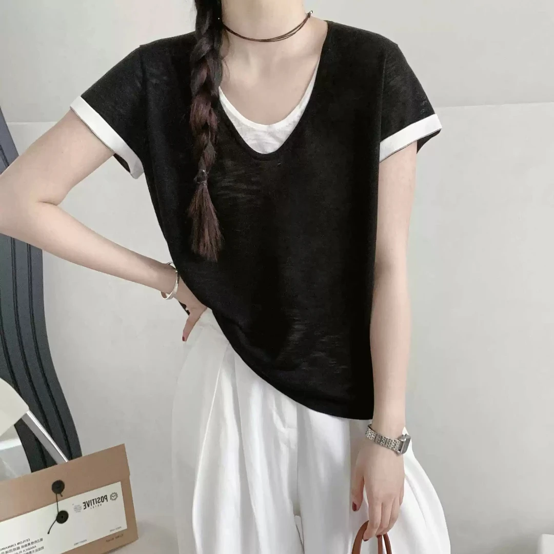 春夏季新款韩版百搭修身显瘦时尚简约洋气短袖气质纯色假两件上衣