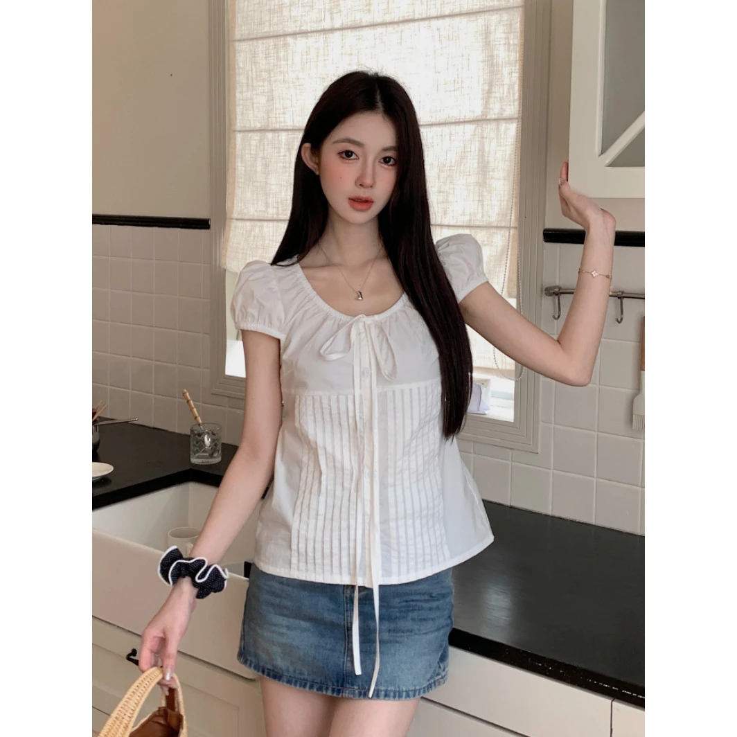 泡泡袖衬衫女白色2025夏季新款系带收腰衬衣短袖宽松U领小衫百搭