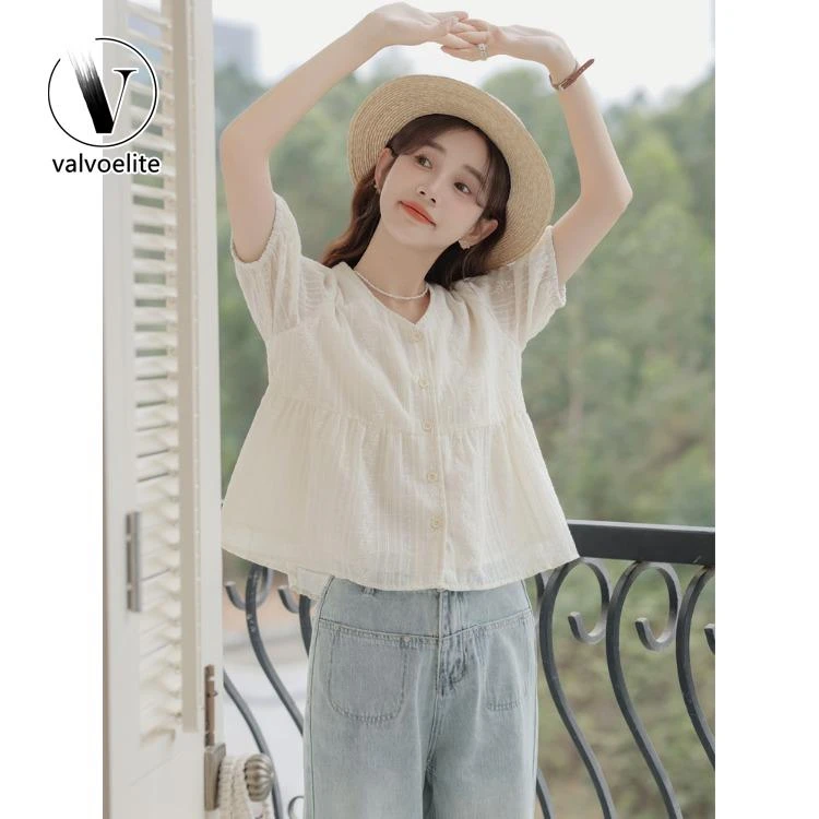 VALVOELITE小清新提花短袖衬衫女夏季新款法式上衣娃娃衫别致小衫