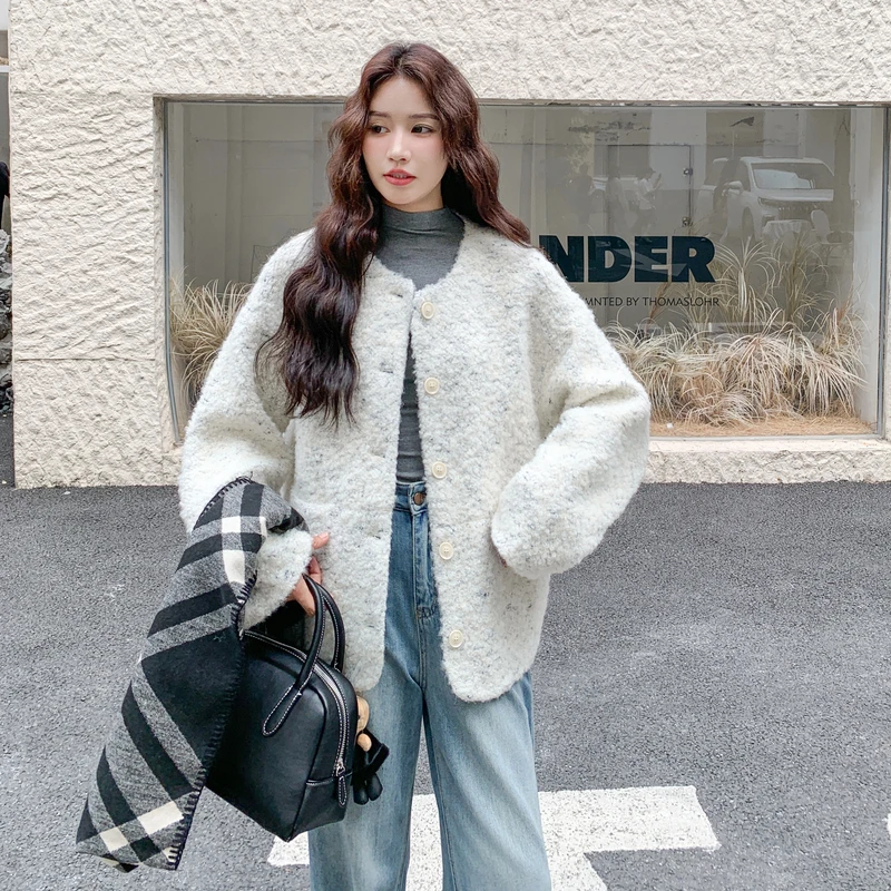 名媛小香风米白色仿羊羔毛外套女2025秋冬新小个子短款摇粒绒上衣