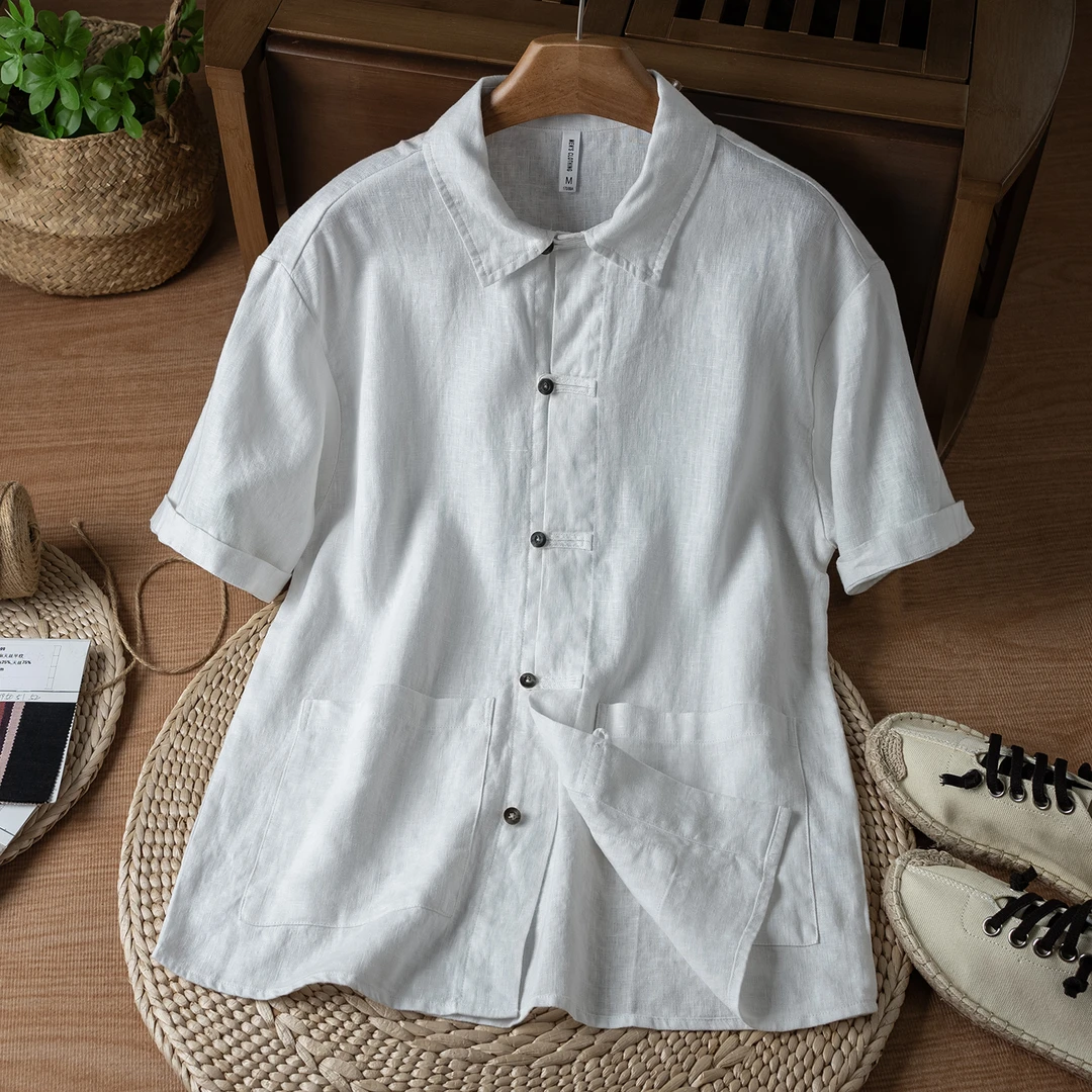 男士宽松薄款纯亚麻短袖夏季镂空盘扣衬衫休闲纯色翻领衬衣上衣
