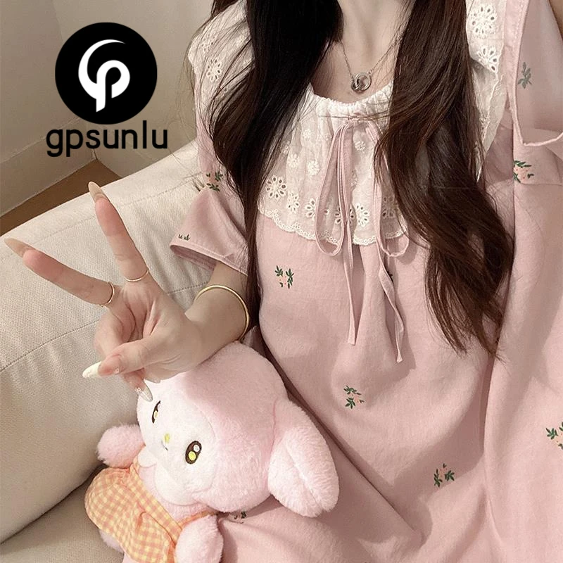 GPSUNLU带胸垫小碎花睡裙女款夏天短袖可爱ins风纯棉睡衣长款