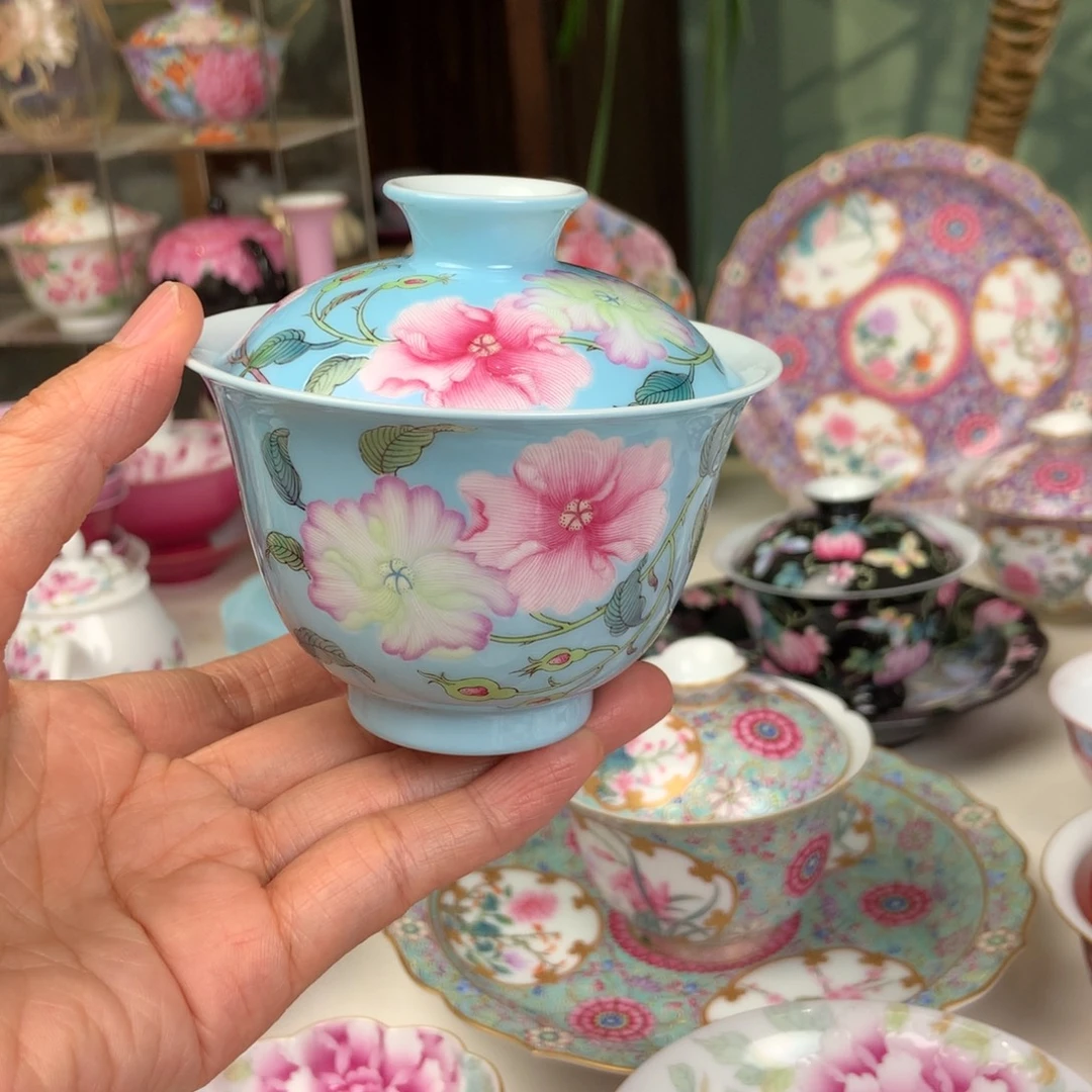 陶天空蓝月季花剃花手工制作