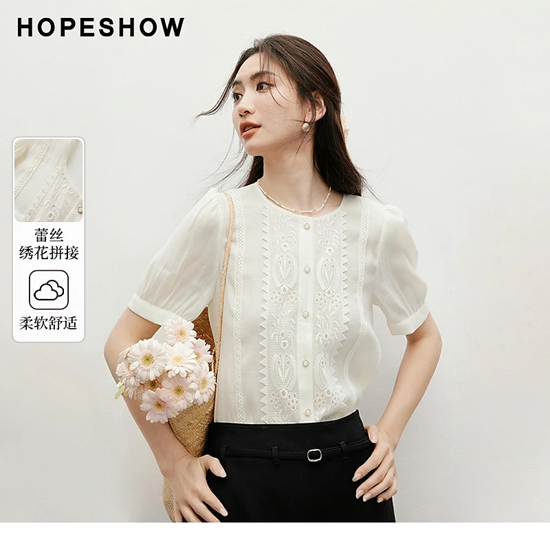 红袖新款女装  蕾丝绣花单排扣圆领衬衫90124250301