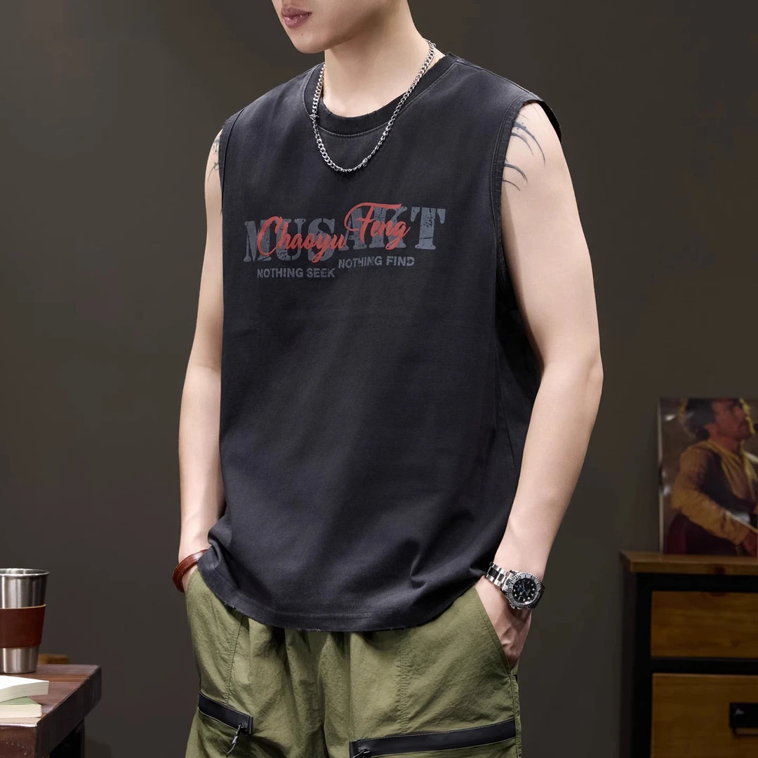MR.MUDI/穆迪先生美式复古做旧无袖T恤背心男士夏季新品宽松潮牌