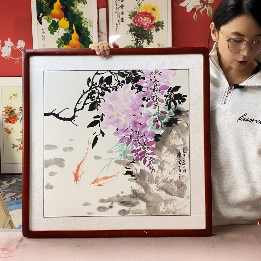 国画手写手绘国画作品带框包邮62✖️62