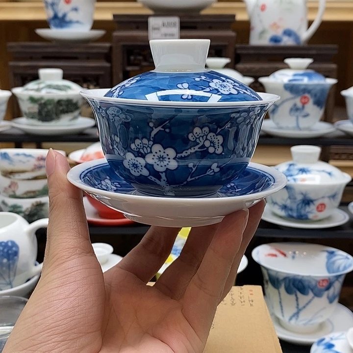 手绘冰梅三才盖碗150cc釉下彩微瑕福利款