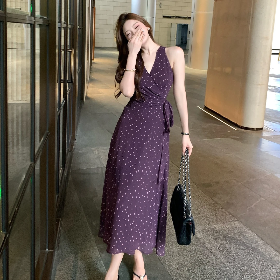 V领独特漂亮紫色掐腰无袖波点连衣裙夏日御姐风情万种裙子5517