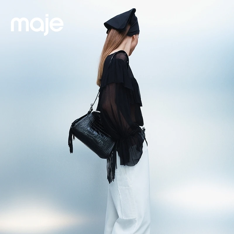 Maje2025春夏新款女装时尚气质黑色透视薄纱长袖上衣MFPTO01104