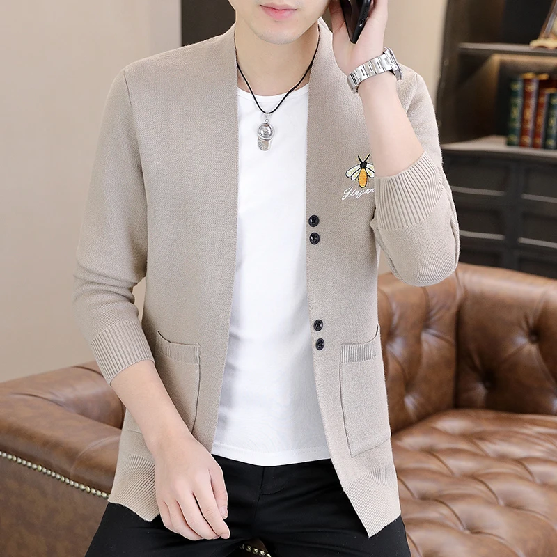 高档新款秋季针织衫男士休闲刺绣时尚开衫潮流春秋季男装毛衣外套